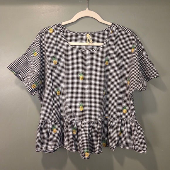 girl krazy Tops - Girl Krazy Women's Pineapple Print Embroidered Gingham Peplum Bouse, Size L